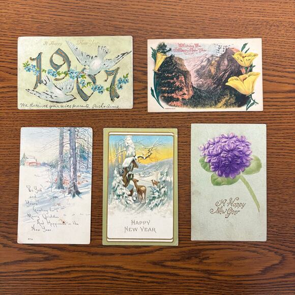 Antique Happy New Year Holiday Postcards Lot of 5 Early 1900s 1907 Gilt Embossed - Picture 1 of 13